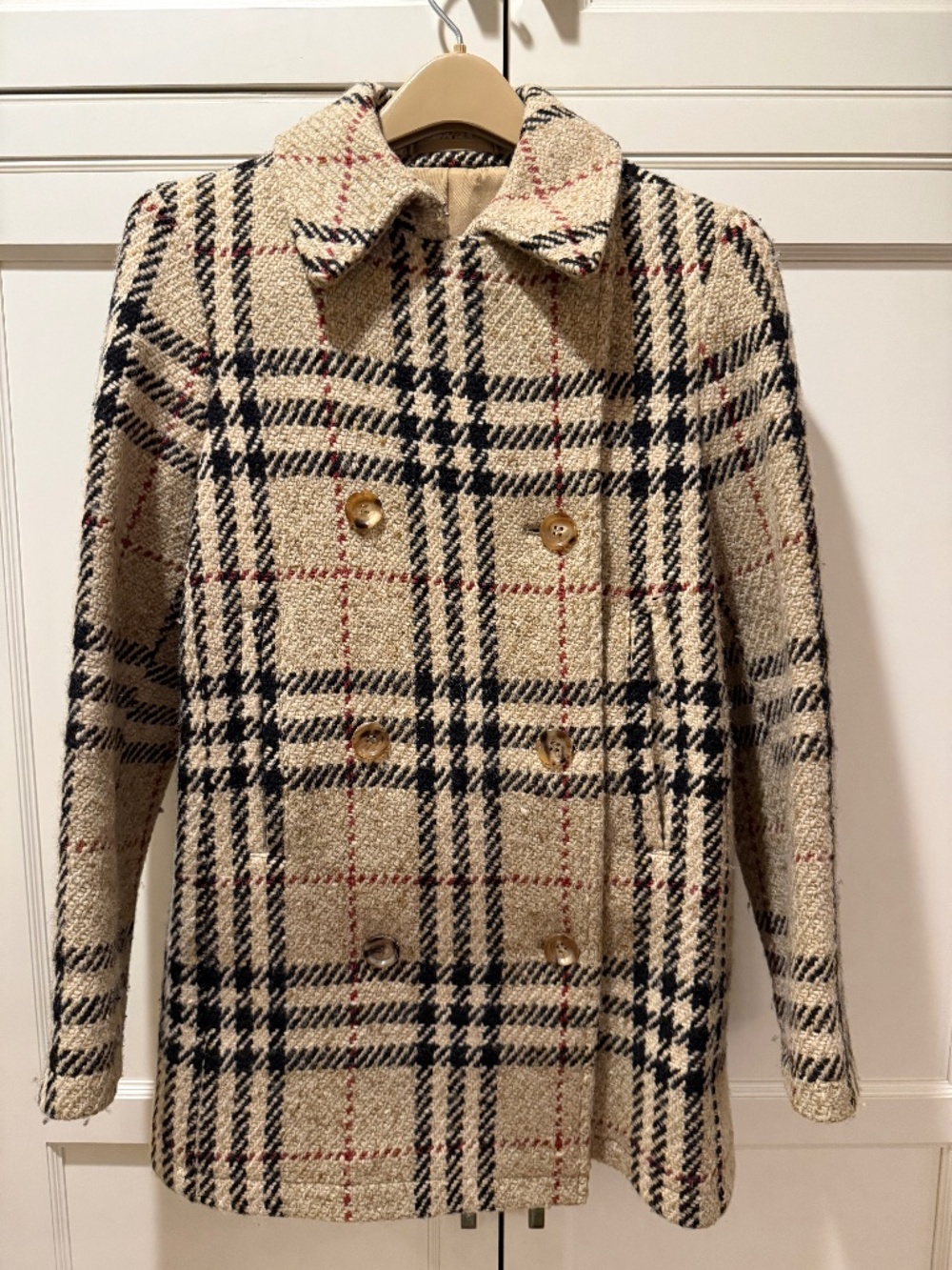 Burberry London Nova Check Wool Bouclé Double Breasted Pea Coat Size 6 Vintage
